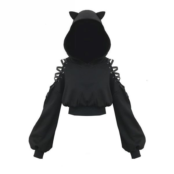 

cat ear hoodies sweatshirt women gothic harajuku hoodies autumn winter plus velvet hollow out lace up long sleeve cute hoodies, Black