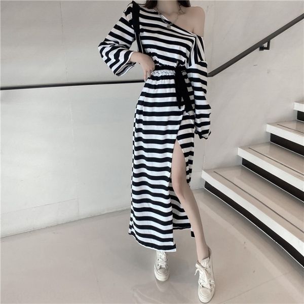 

korean ins new fashion elegantshoulder striped lace-up waist slimming split for women korean ins new fashion elegantshoulder striped lace-up, Black;gray