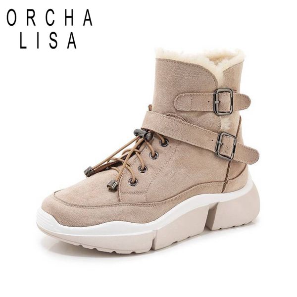 

orcha lisa women snow winter wool blend mid-calf boots round toe platform cow suede elastic band bukle warm size 35-39 casual, Black