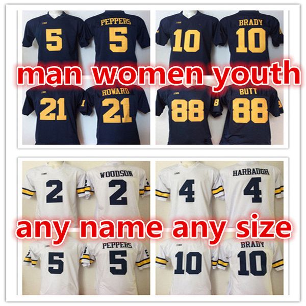 

customize ncaa мичиган росомахи # 4 jim харбог 2 вудсон 5 джабрилл пепперс 10 brady 21 howard 88 butt трикотажные изделия футбола любое имя, Black