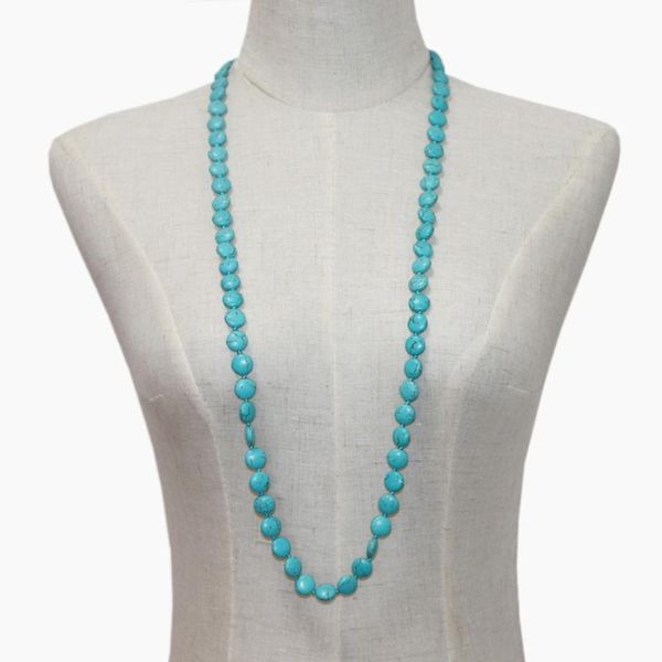 

chains fashion bohemian tribal jewelry veins turquoises coin stone long knotted chain necklaces women ethnic sweater necklace 38" a961, Silver