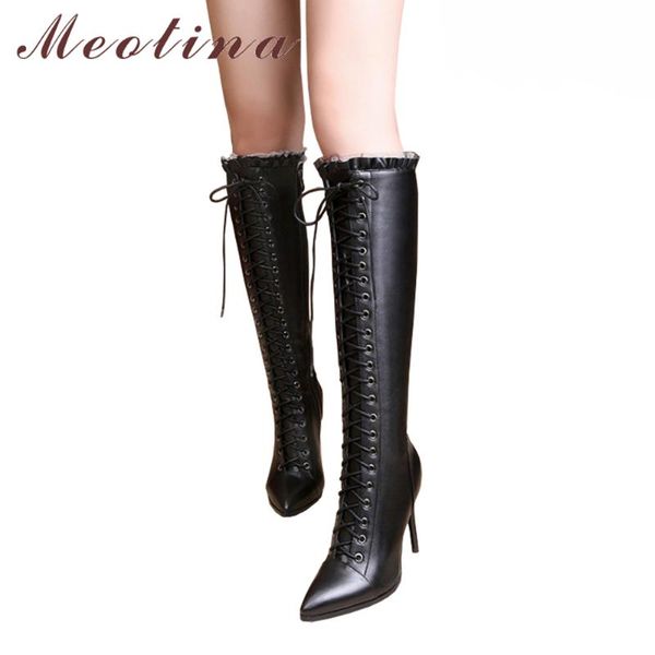 

meotina 2020 натуральной кожи тонких высоких каблуков сапог женщины колено высоких сапоги зима сексуальной оборки узелок обувь ручной работа, Black