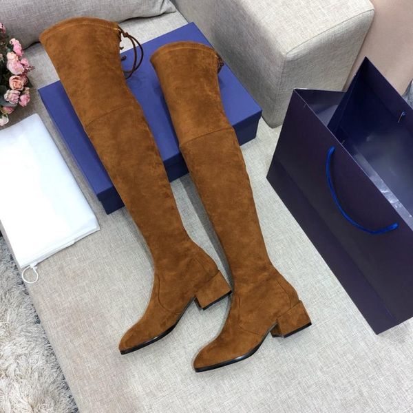

women's boots new fashion over-the-knee boots leather suede ladies design winter low heels big size 34-42, Black