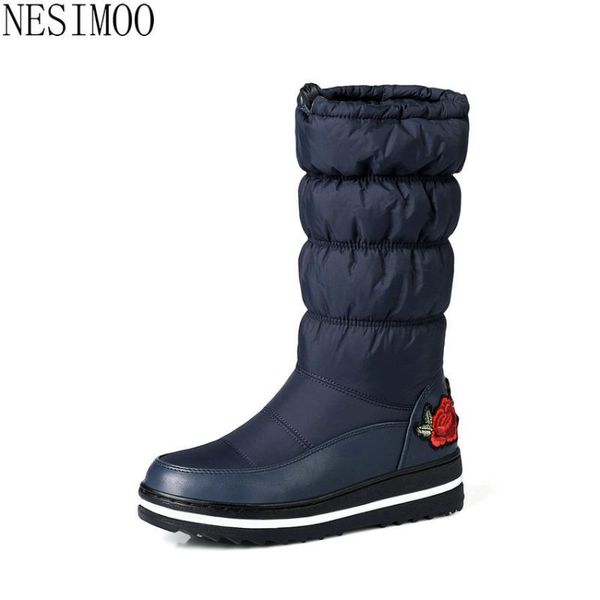 

nesimoo 2021 embroider keep warm mid calf women boots pu leather down wedges winter snow boots round toe women shoes size 35-43, Black