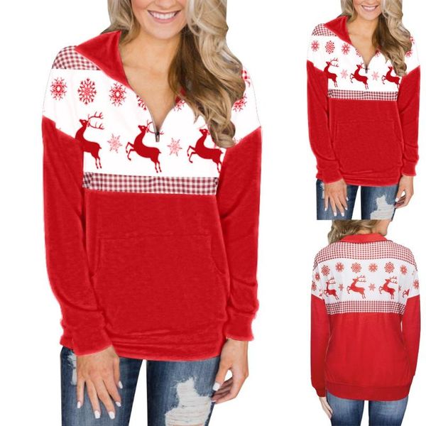 

fashion women sweatshirt quarter zip color block christmas reindeers print stitching pullover sweatshirt pocket top, Black