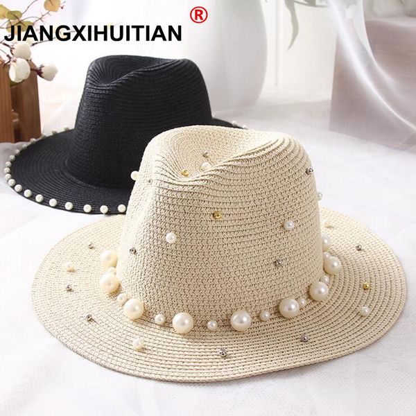 

wide brim hats 2021 spring summer for women flower beads brimmed jazz panama hat sun visor beach pearl rivet straw, Blue;gray