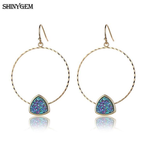 

shinygem twist smooth big round drop earrings triangle sparkling druzy stone earrings vintage gold big circle for women, Silver