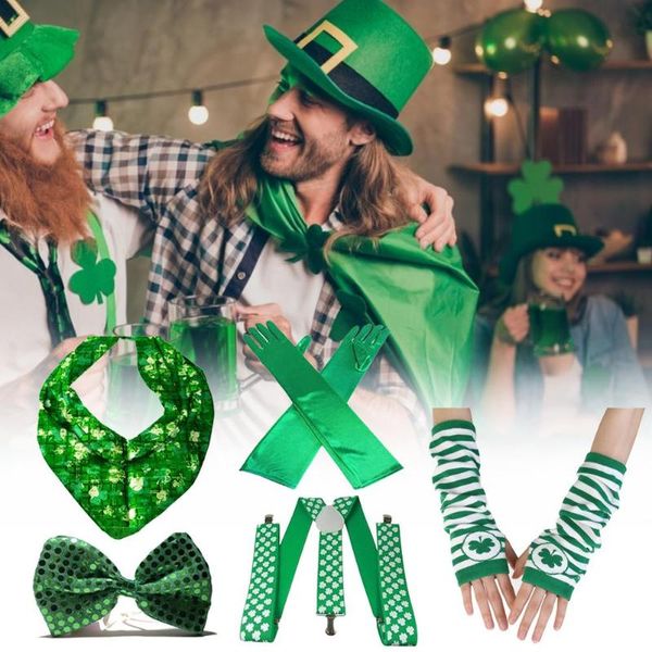 

five fingers gloves 4pcs green with bow tie suspender scarf irish party funny accessory for st. patrick' day decoration, Blue;gray
