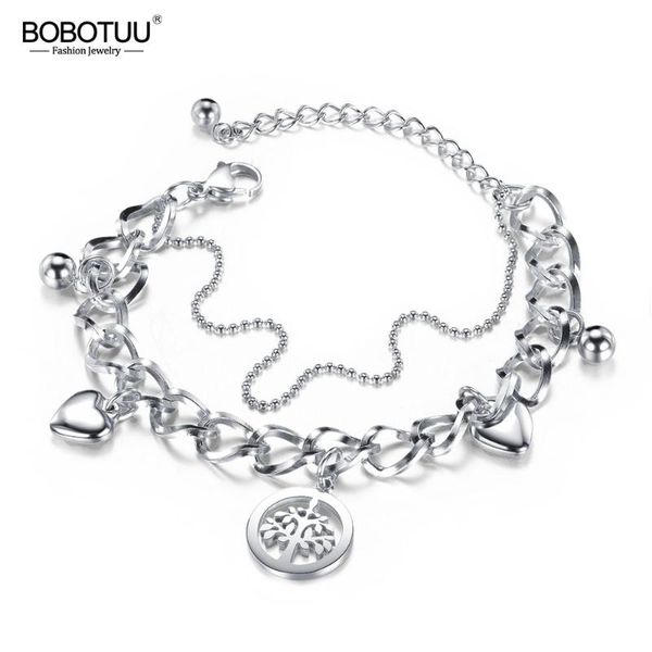 

charm bracelets bobotuu trendy double layer stainless steel love heart & tree for women girl bohemia chain link jewelry bb17088, Golden;silver