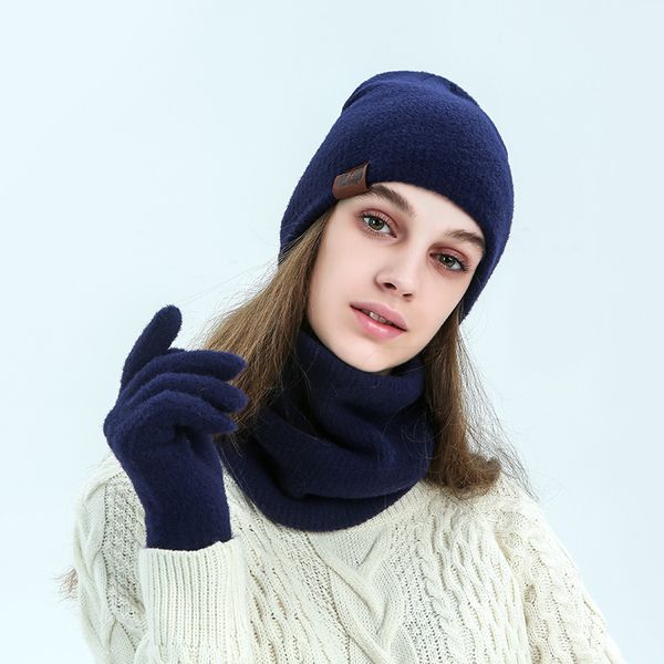 

3шт набор winter hat для женщин вязаные шапочки с шарфом перчатки толстые теплые женские шерсть ангорских hat женские beanie шляпы, Blue;gray
