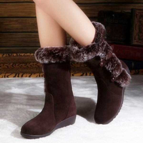 

2020 winter women boots casual warm fur mid-calf boots shoes women slip-on round toe wedges snow shoes muje plus size 42, Black