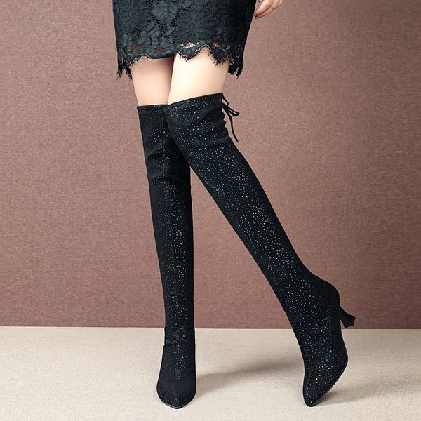 

pointy boot women boots high heels brand women's shoes boots-women booties ladies lace up platform pointe stiletto, Black