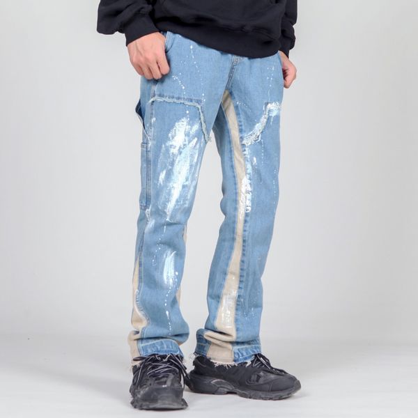 

ewq / men's wear streetwear splash-ink jeans fashionable stitching loose denim horn pants niche print edges trousers 9y3777, Blue