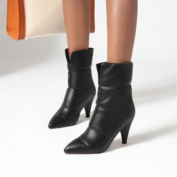 

pxelena plus size 34-43 women winter warm snow boots waterproof fashion spike heels black white thick fur plush booties shoes