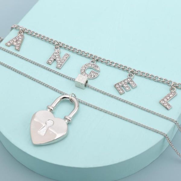 

shiny rhinestone angel letter 3 pcs/set choker necklace for female dice heart lock pendant necklace statement jewelry gift, Silver