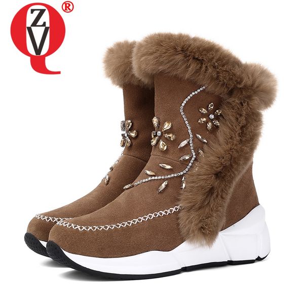 

zvq brand leather snow boots crystal flower platform thick-soled women's shoes winter brown black zipper round toe ankle boots