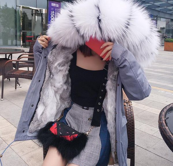 

dhl maomaokong brand white black raccoon fur hoody grey white rabbit fur lined grey mini women parka