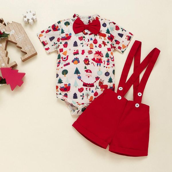 

2pcs infant baby girl clothes boy christmas clothes cartoon print romper suspender trousers outfits ropa recien nacido costume, White