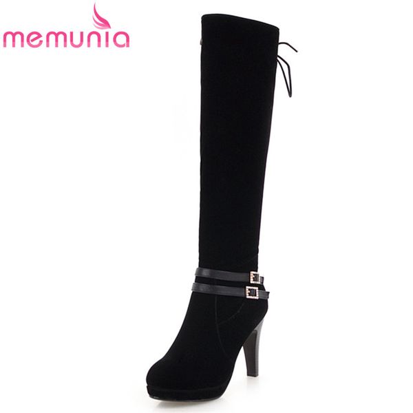 

memunia 2020 new arrival women boots flock spike high heels boots round toe cross tied knee high black ladies shoes