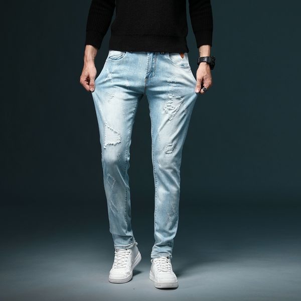 

men's jeans 2021 autumn fashion designer men slim fit blue color cotton denim pants ripped design classical homme,m006