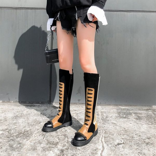 

boots mixed colors round toe knee high platform metal decoration long autumn fashion low heels women shoes maziao, Black