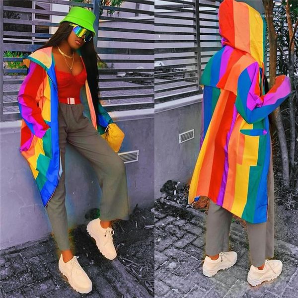 

fashion panelled rainbow print womens cardigan outerwears casual loose females clothing mulit color womens designer hooded jackets, Black;brown