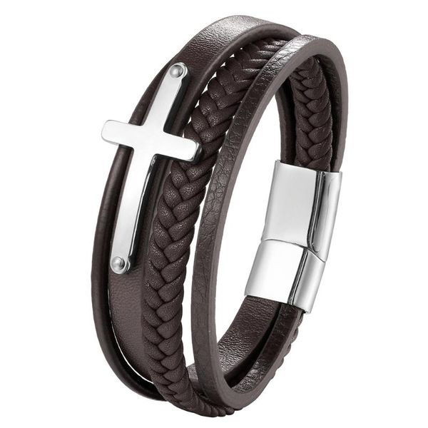 

link, chain 2021 punk cowhide multi-layer charm wristband leather bracelet men jewelry stainless steel & bangle valentine's gift, Black