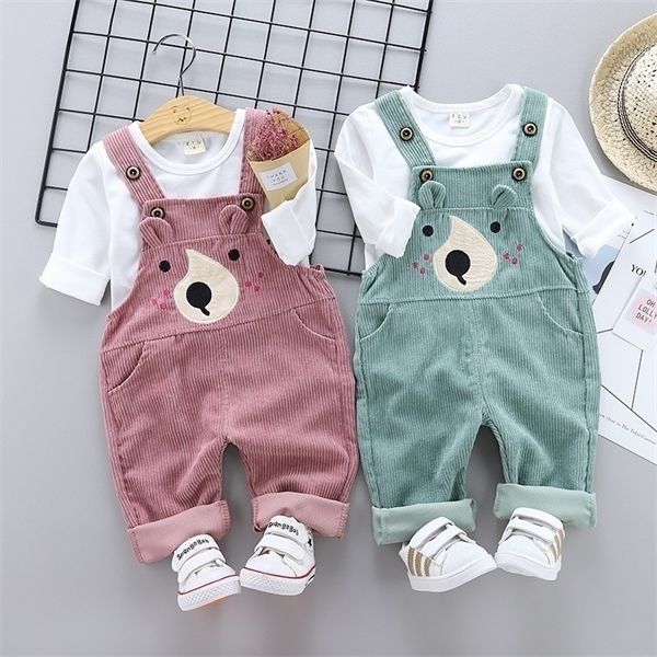 

spring autumn children boys girls cotton suit baby cartoon bear t-shirt belt pants 2pcs/set kids clothing sets toddler tracksuit, White