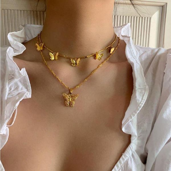 

2pcs/set exquisite women necklaces hollow carved butterfly pendant clavicle chain multilayer gold necklace set fashion jewelry, Silver