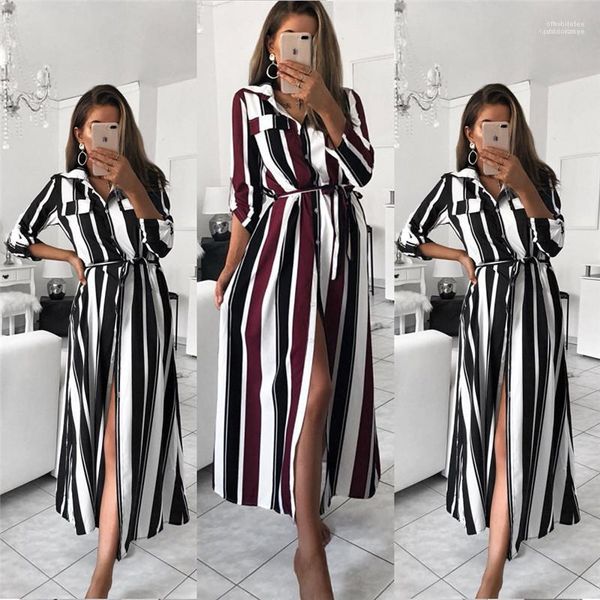 

single breasted womens designer shirt dresses casual females clothing colorful stripe print womens casual dresses fashion irregular split, Black;gray