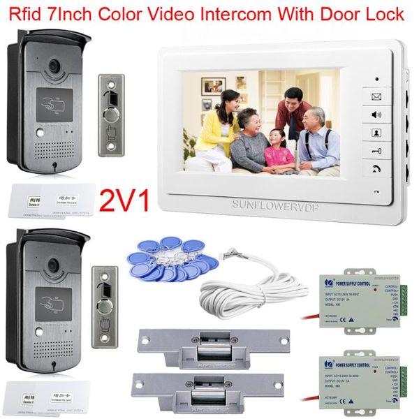 

video door phones for 2 doors rfid cards camera wired intercom 7inches color monitor interphone with electric strike lock full kit