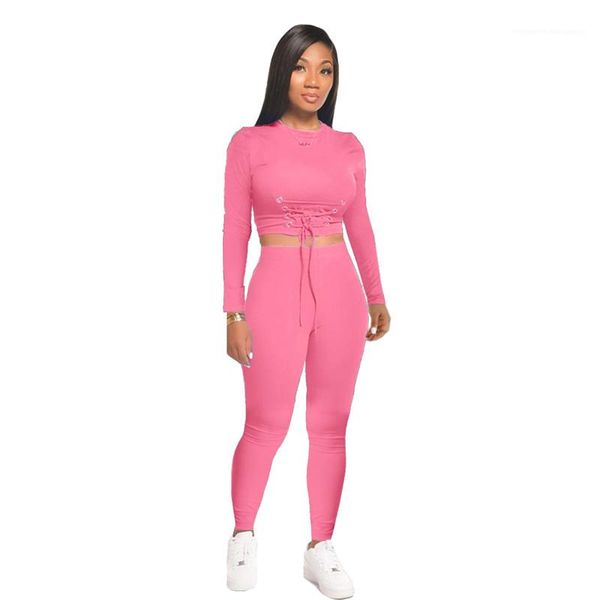 

цвет ladies two piece set crew neck тонкий спортивный костюм дизайнер моды поясами женские костюмы повседневный soild, Gray