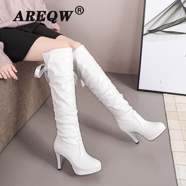 

2020 autumn winter thin high heel slip on women shoes pointed toe cow leather pu fashion over the knee boots, Black