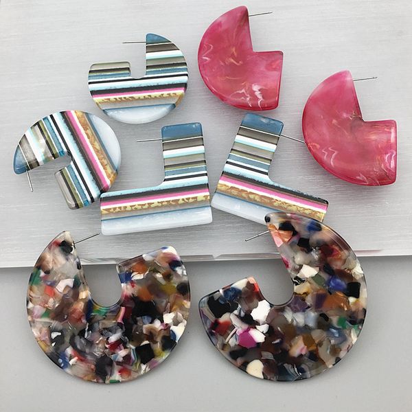 

stud ujbox 2021 winter colorful striped pattern acetate resin acrylic earrings ladies geometric semicircular, Golden;silver