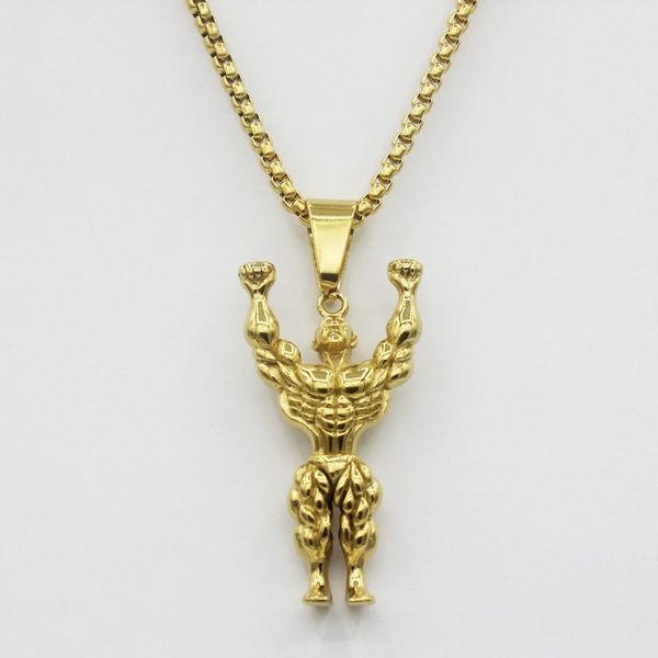 

pendant necklaces men's stainless steel necklace muscle man gold hip hop fitness male fashion personality, Silver