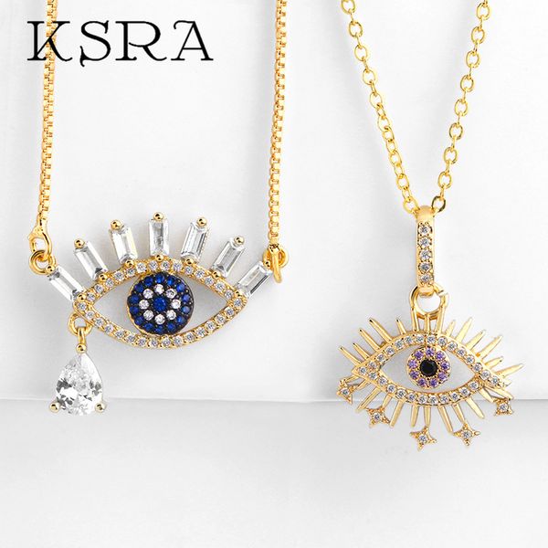

pendant necklaces ksra vintage gold plating copper cz evil eye necklace for women fashion brass chain boho jewelry, Silver