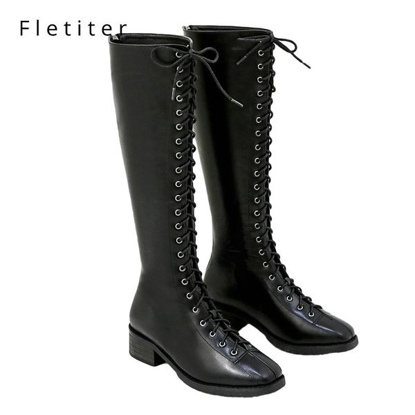 

fletiter winter shoes autumn lacing knee high boots women fashion black square heel woman leather shoes size 34-40 sale