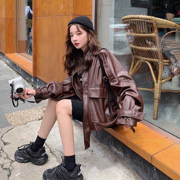 

women's leather & faux pu coat spring autumn motorcycle leisure 2021 short korean fashion loose quality solid jacket w60, Black
