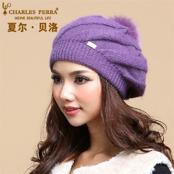 

charles perra women winter hats double layer warm wool knitted hat casual fashion painter cap elegant beanies skullies 2854, Blue;gray