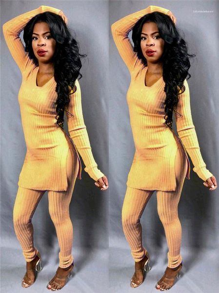 

two piece womens outfits long sleeve knitted split womens matching sets casual female clothing solid color, White