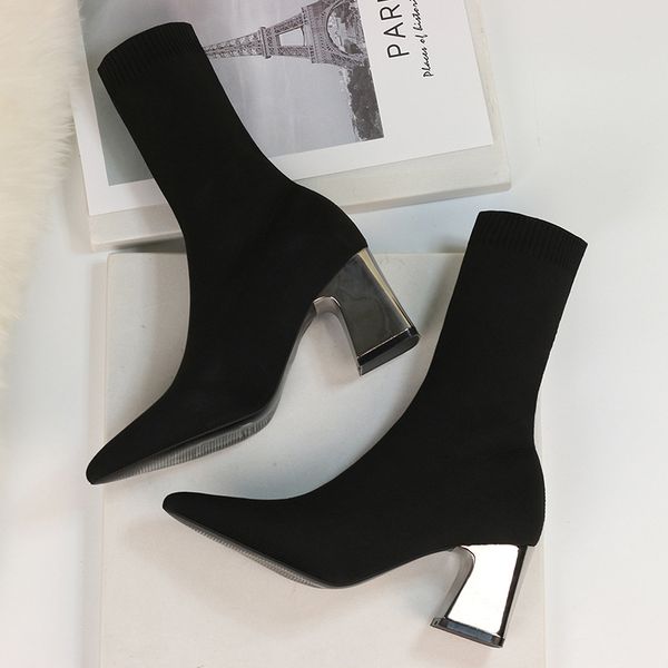

stretch ankle boots for women pointed toe sock boots square high heel shoes woman fashion bota feminina, Black