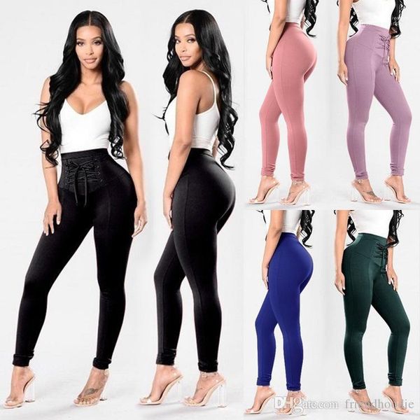 

skinny stretch long pencil pants capris trousers women high waist pants elastic waist bandage, Black;white