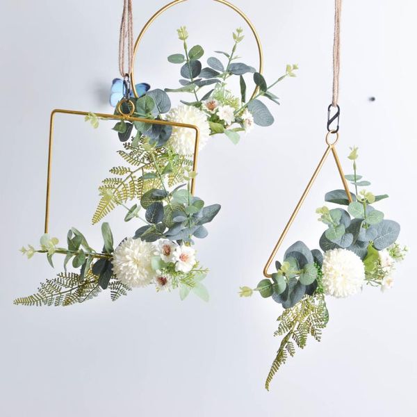 

cilected artificial hydrangea flower hoop wreath metal round triangle square iron frame wall hanging for wedding backdrop decor