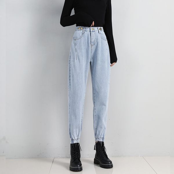

women's jeans high-quality waist high-waisted women 2021 summer korean loose ankle length pants all-match teenagers harem, Blue