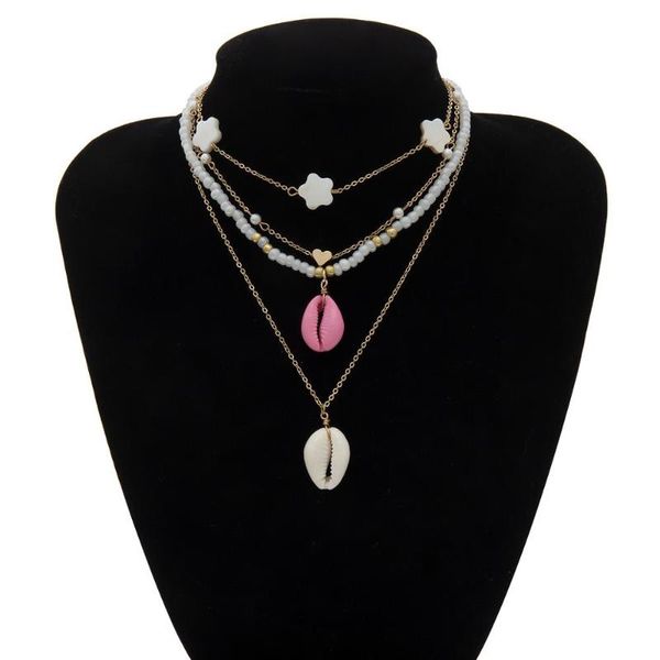 

women's wild ethnic temperament necklace beaded shell heart-shaped stars multi-layer jewelry, Silver