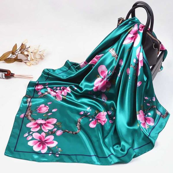 

2020 silk scarf women fashion designer beautiful flowers foulard soft satin shawl scarfs kerchief 90*90cm square neck headscarf, Blue;gray