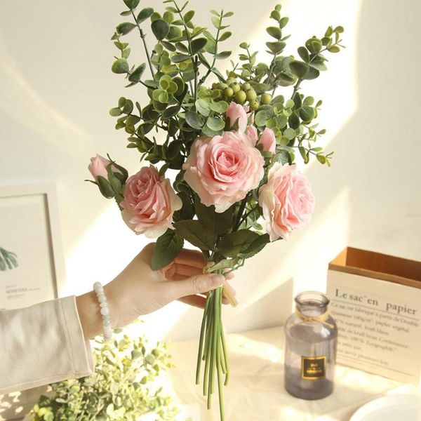 

bridal wedding bouquet artificial silk rose eucalyptus flower for home party decoration simulation of holding flowers 5 styles