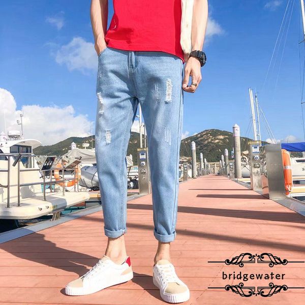 

pants men's summer ripped jeans men's pencil pants ankle-length student slim all-match, Blue
