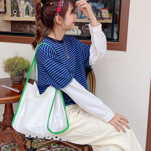 

canvas contrast color tote bags women shopping bag ladies shoulder bag cotton totes daily use large capacity female tote