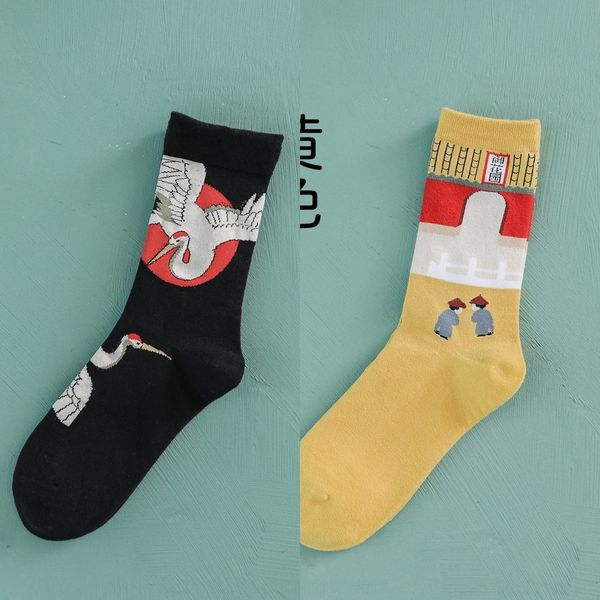 

women's trendy cotton socks ins national tide attacks chinese style women's cotton socksstyle girls autumn and winter cartoon sock, Black